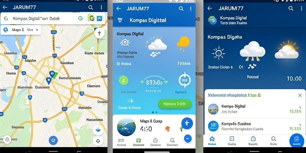 Tampilan utama JARUM77 dengan fitur kompas digital dan informasi cuaca.
